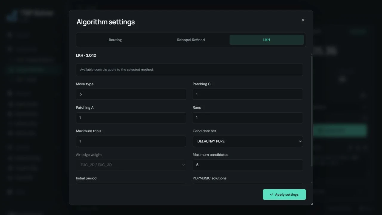 Algorithm settings: LKH.