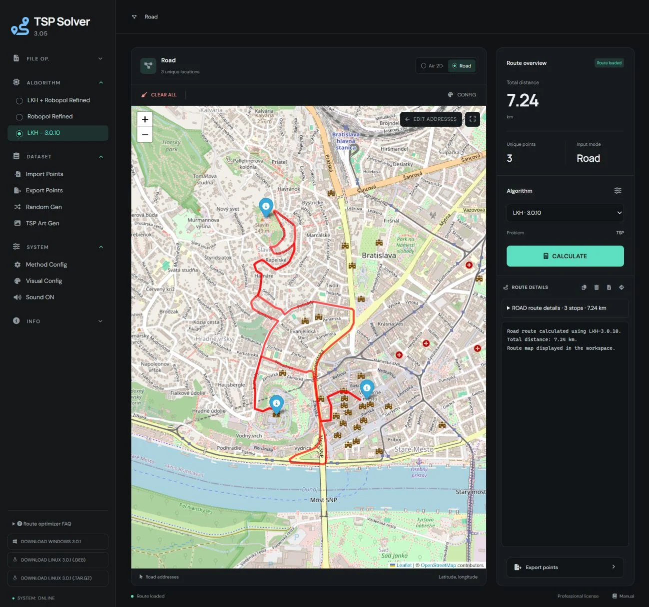 Calculated road route in the map workspace.