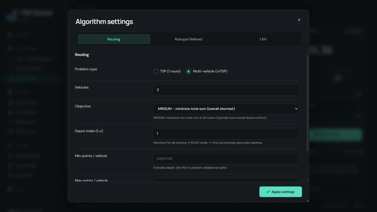 Routing settings with controls for multiple vehicles.