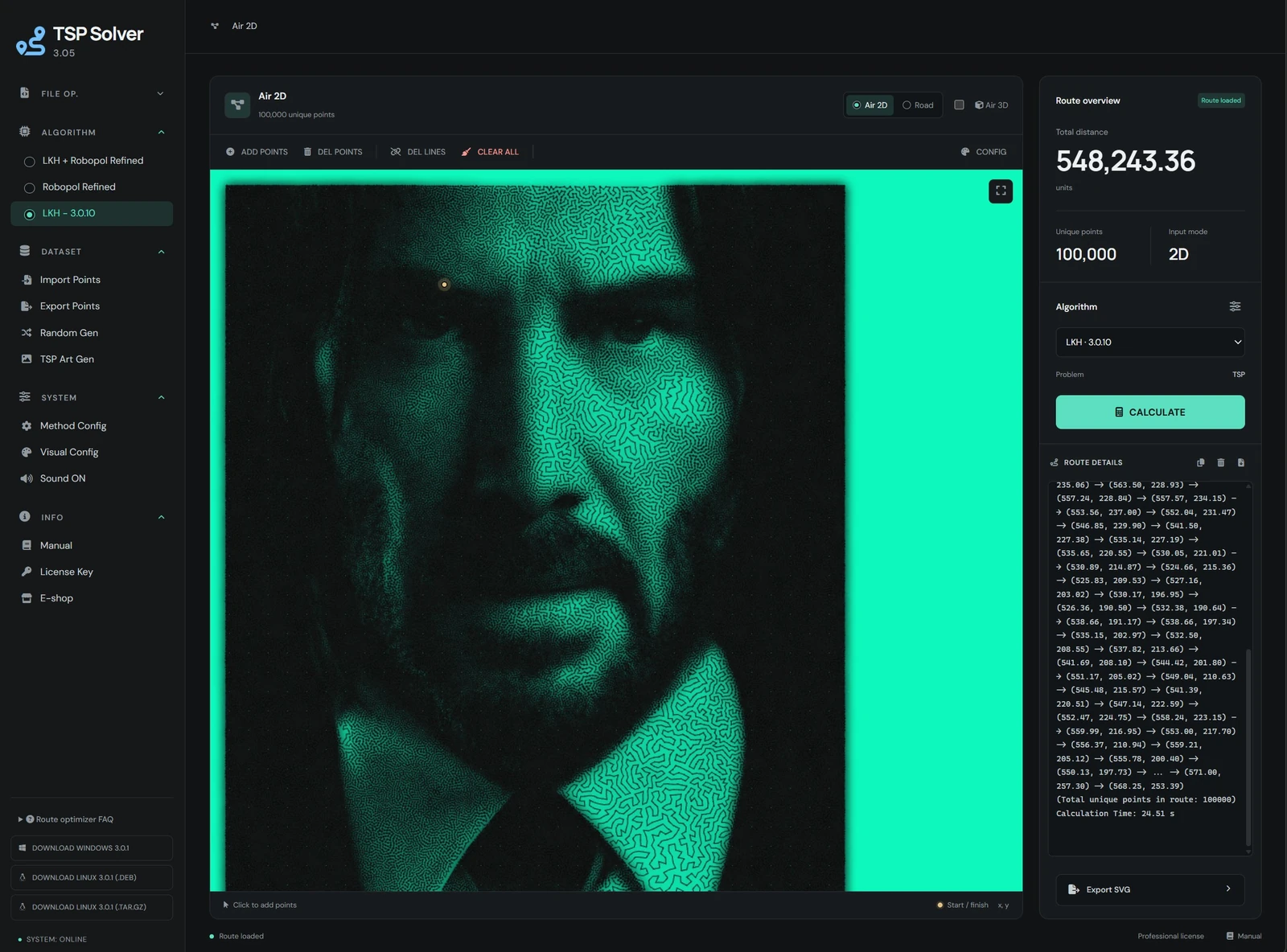 John Wick: TSP Art with 100,000 unique points, calculated using LKH.
