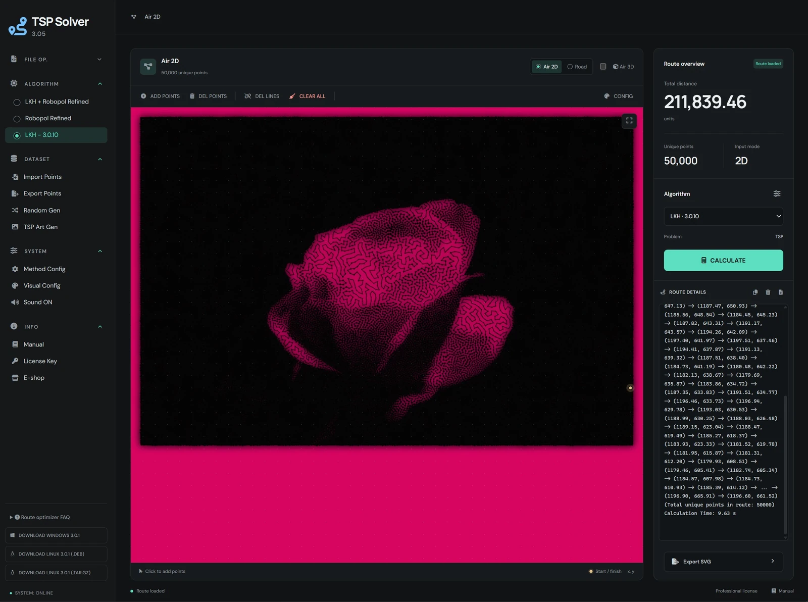 Rose: TSP Art with 50,000 unique points in the dark interface.