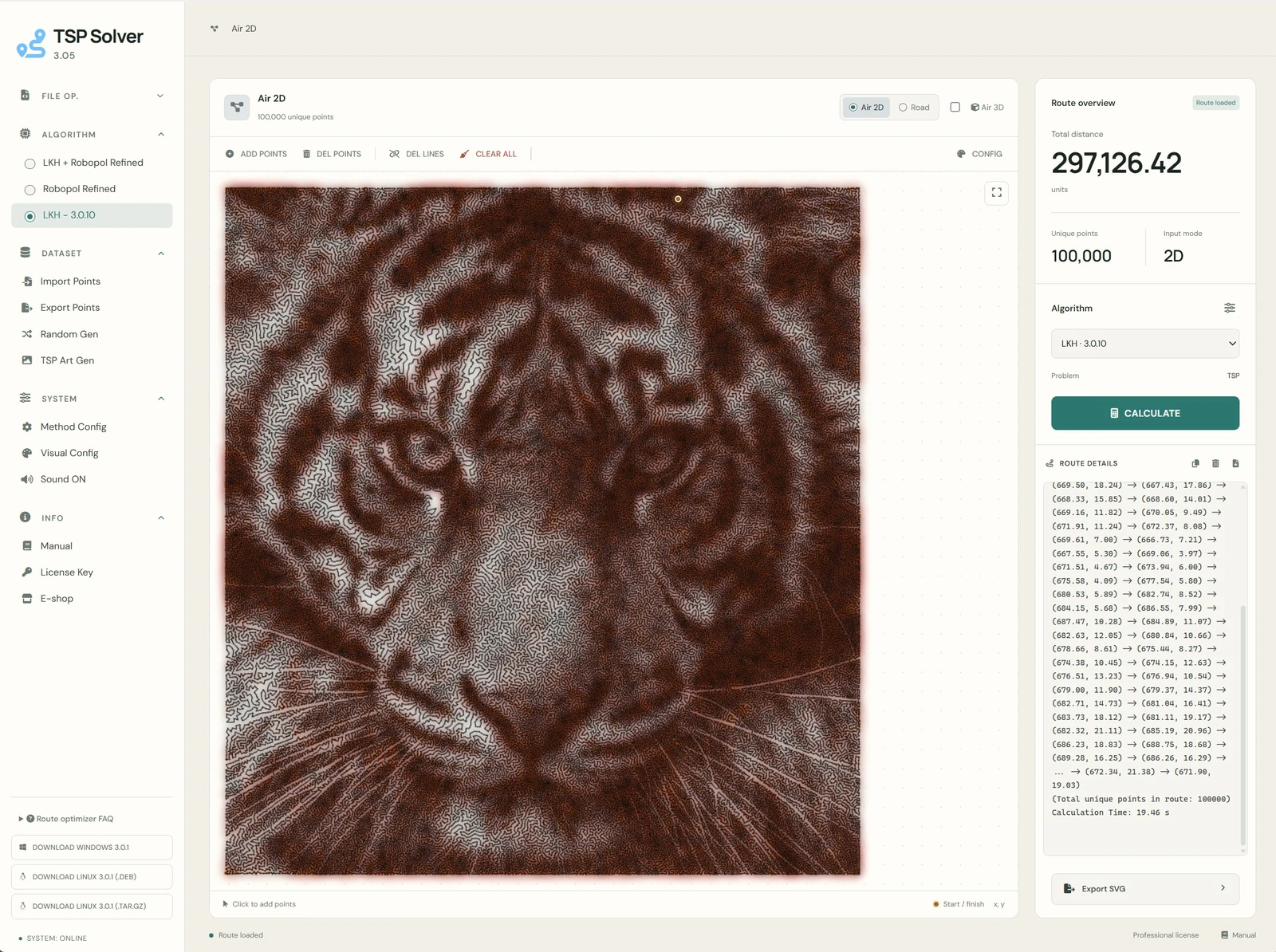 Tiger: TSP Art with 100,000 unique points in the light interface.